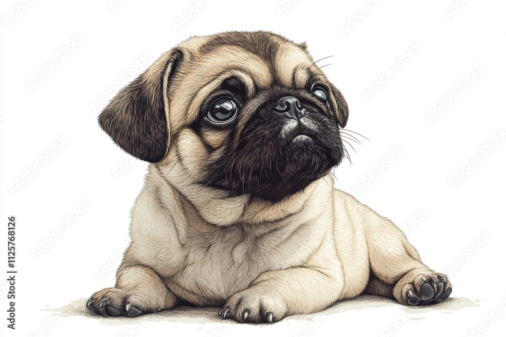 Obraz premium A cute, realistic illustration of a pug puppy lying down.