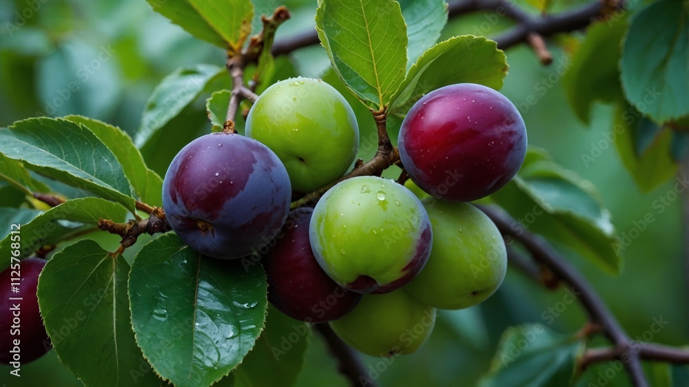 Emerald green plums resting on plum tree leaves Emerald green plums resting on plum tree leaves
