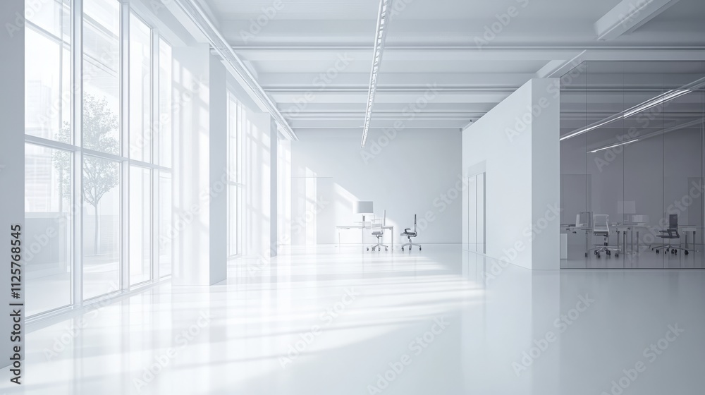 Clean office space with white walls and floors.