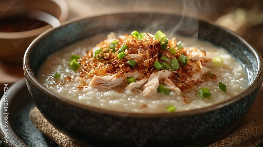 Warm chicken porridge served with shredded chicken, drizzled with soy sauce, and adorned with fried shallots and green onions. Warm chicken porridge served with shredded chicken, drizzled with soy sauce, and adorned with fried shallots and green onions.