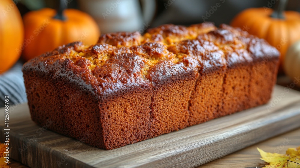Freshly baked pumpkin bread sits on a wooden board decorated with small pumpkins and colorful autumn leaves, showcasing a warm fall atmosphere.