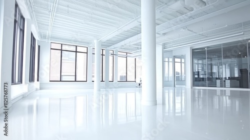 Clean office space with white walls and floors.