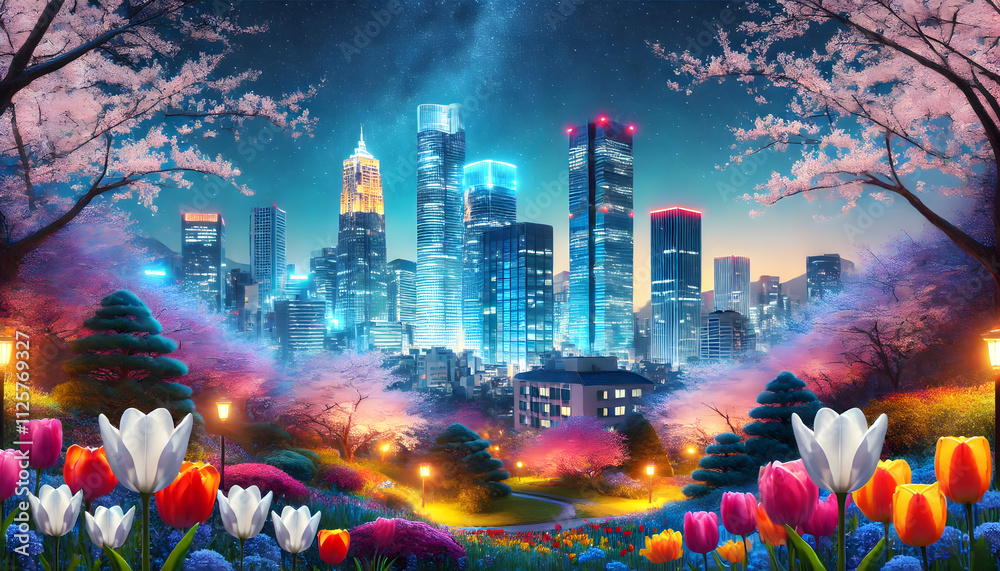 Obraz premium 春の夜景と桜の花園：都会と自然の調和