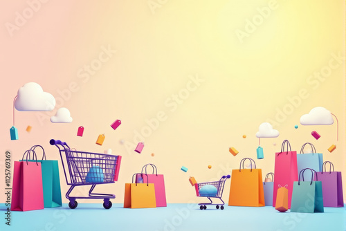 A vibrant shopping illustration background featuring colorful bags, carts, and sale tags, set against a gradient backdrop for a dynamic design..