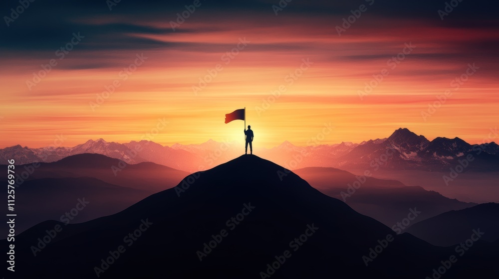 A victorious figure stands atop a mountain peak, holding a flag, during a breathtaking sunset. A victorious figure stands atop a mountain peak, holding a flag, during a breathtaking sunset.