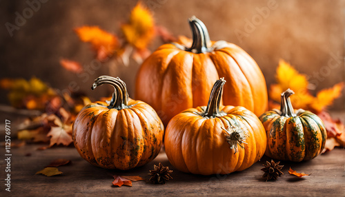 autumn fall thanksgiving day composition with decorative pumpkins photo