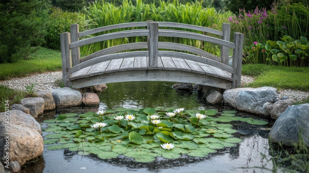 Serene Japanese Garden Bridge and Pond with Water Lilies Serene Japanese Garden Bridge and Pond with Water Lilies