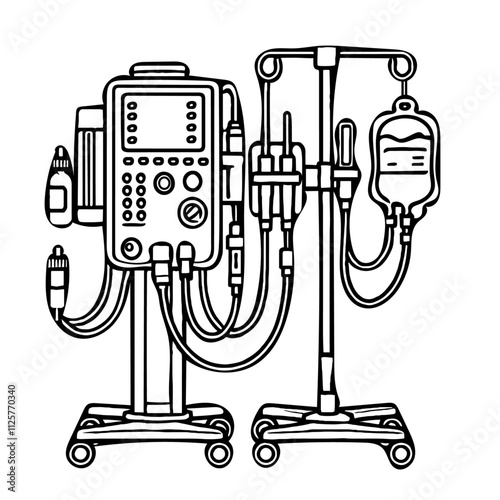 Medical Equipment Illustration, Dialysis Machine Setup