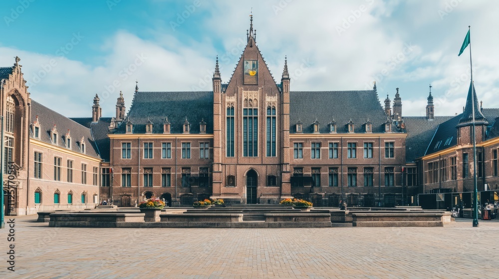 Fototapeta premium Courthouse building exterior with classical architecture, symbolizing justice and order in society. Timeless design reflecting the importance of legal systems and civic responsibility.