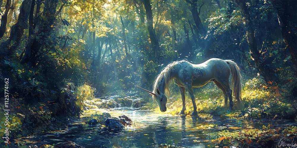 A serene forest scene featuring a unicorn by a stream, illuminated by soft sunlight. A serene forest scene featuring a unicorn by a stream, illuminated by soft sunlight.