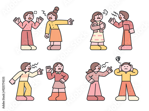 Two people standing, arguing, arguing and getting angry. Illustration of small and cute character people.