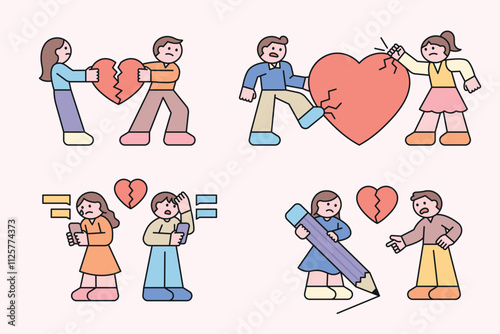 Images of couples fighting and breaking up. Broken hearts, cell phone breakups, boundaries between each other. Illustration of small and cute character people.