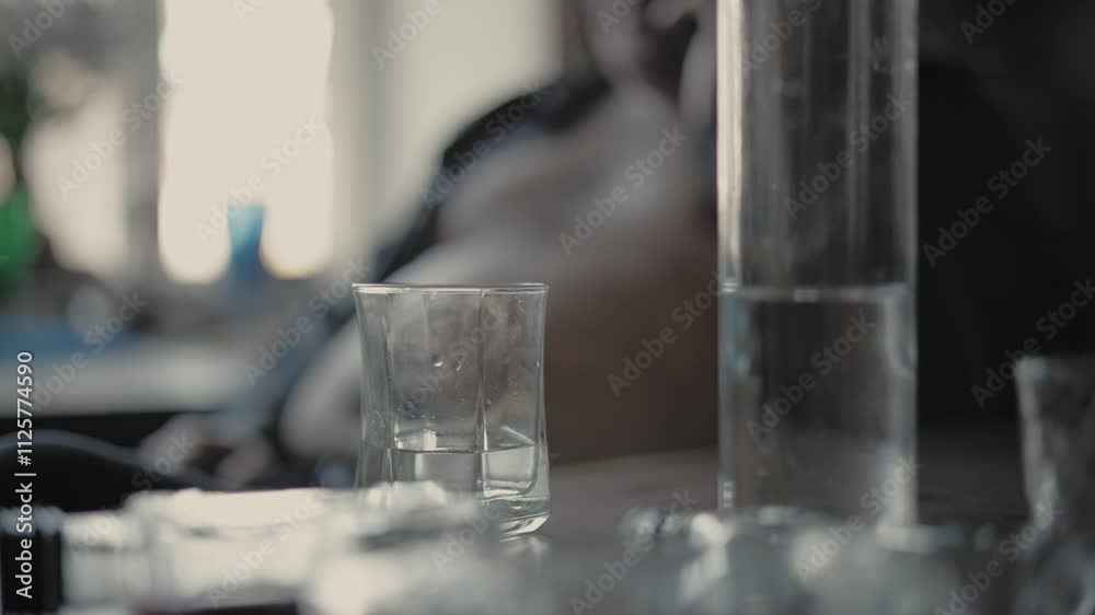 Portrait of depressed man drinking alcohol at home. Alcohol addiction.Alcoholism, alcohol addiction and people concept.Focus on glass and bottle of vodka.
Portrait of depressed man drinking alcohol at home. Alcohol addiction.Alcoholism, alcohol addiction and people concept.Focus on glass and bottle of vodka.