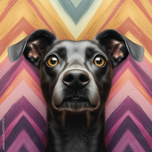 Portrait of a Black Dog with Colorful Chevron Background