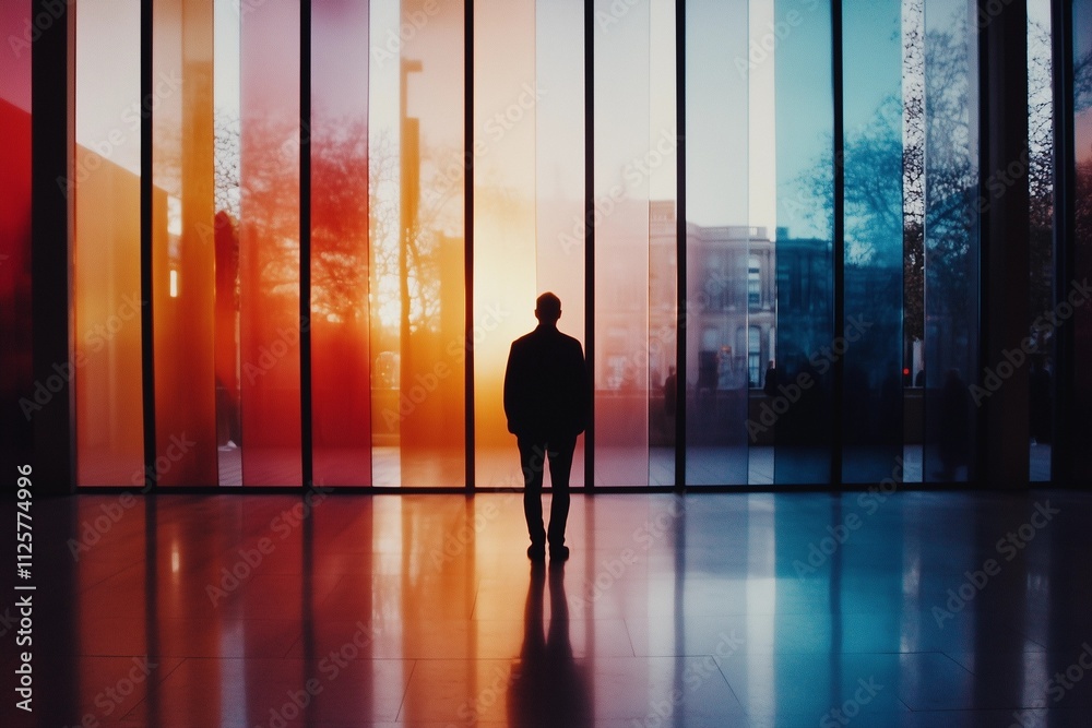 Silhouette of a Man in Colorful Modern Window Light Silhouette of a Man in Colorful Modern Window Light