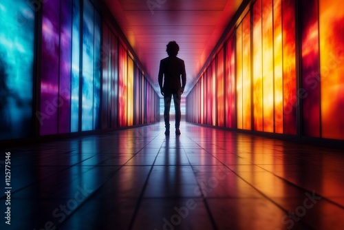 Silhouette of a Man in a Vibrant Hallway with Colorful Lights