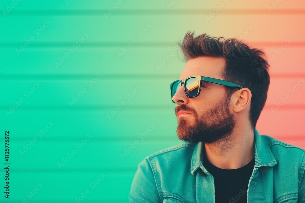 Fototapeta premium Stylish Man with Sunglasses Against Vibrant Gradient Background