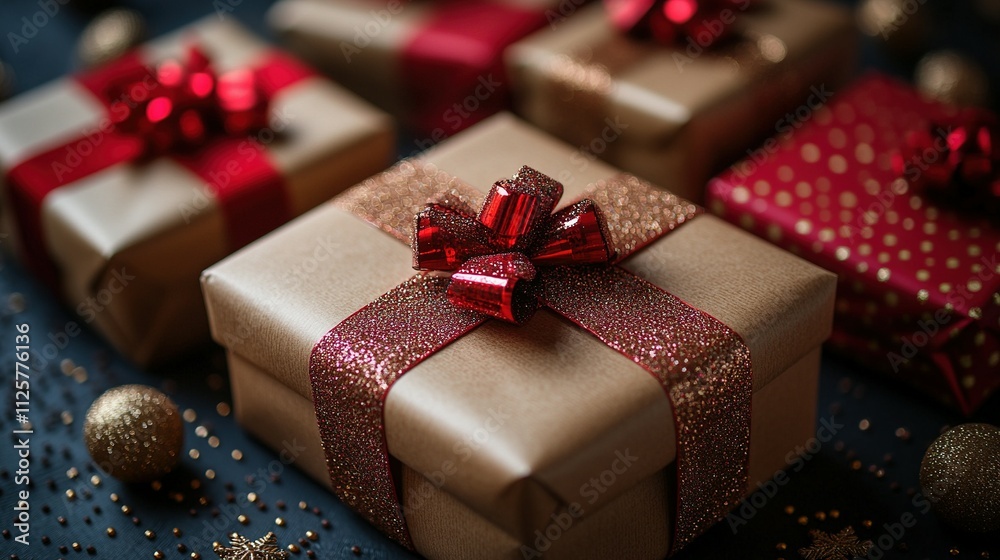 Colorful Stacked Christmas Gifts: A Festive Collection of Red and Golden Presents Colorful Stacked Christmas Gifts: A Festive Collection of Red and Golden Presents