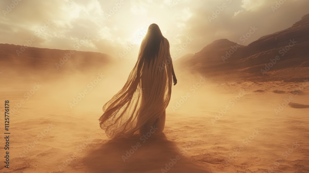 A lone figure walking in a boundless desert, shrouded in a hazy and surreal atmosphere, the figure wearing traditional flowing garments that flutter softly in the wind A lone figure walking in a boundless desert, shrouded in a hazy and surreal atmosphere, the figure wearing traditional flowing garments that flutter softly in the wind