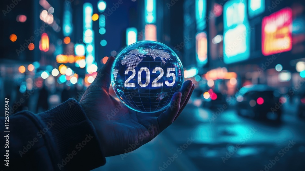 The 2025 New Year business goals concept. Businessman analyzes graph of trend market growth in 2025 and plans business growth and profit increases. calculates financial data for long-term investments.