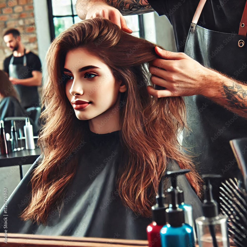 Naklejka premium A hairstylist is working on a client's hair in a modern salon, using a comb to style long hair