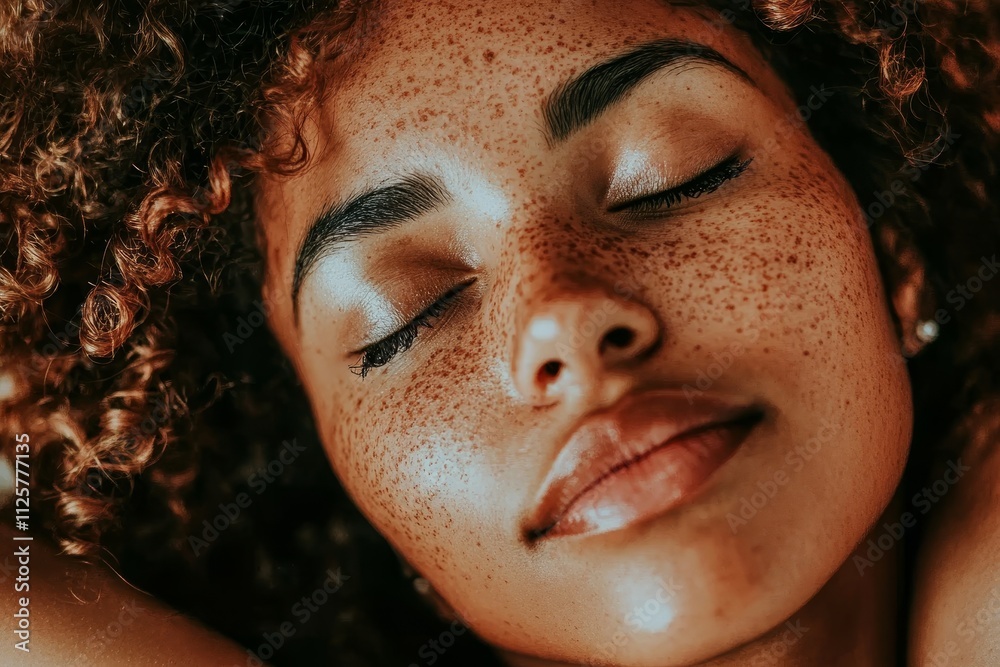 Close-Up Portrait of a Beautiful Woman with Freckles and Curly Hair Relaxing Peacefully with Eyes Closed Radiating Serenity and Natural Beauty Close-Up Portrait of a Beautiful Woman with Freckles and Curly Hair Relaxing Peacefully with Eyes Closed Radiating Serenity and Natural Beauty