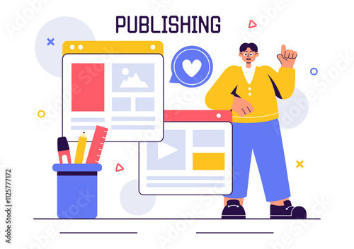 Digital Publishing Vector Illustration featuring Blog Content Marketing, Writing for Social Media, and Webpage Organization in a Flat Style Background