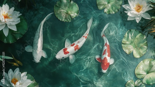 Koi Fish in a Pond with Water Lilies photo