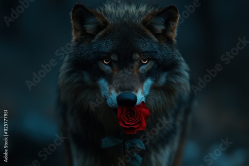 A wolf gently holding a red rose in its mouth, symbolizing the blend of strength and tenderness in nature. Wildlife romance concept photo