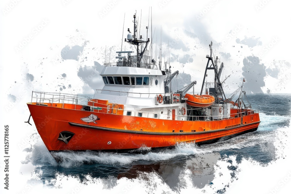 Vibrant Orange Fishing Vessel Navigating Through Choppy Waters with Dynamic Sea Spray and Dramatic Cloudy Sky in the Background Vibrant Orange Fishing Vessel Navigating Through Choppy Waters with Dynamic Sea Spray and Dramatic Cloudy Sky in the Background