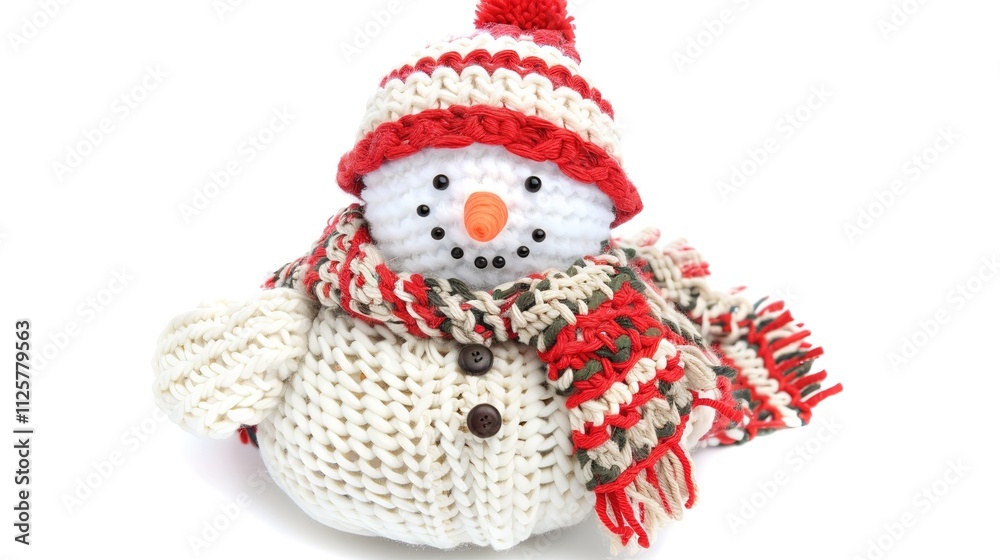 Fototapeta premium Snowman Isolated on White Background, A Charming Winter Figure Standing Alone in a Blank Canvas of Snow.