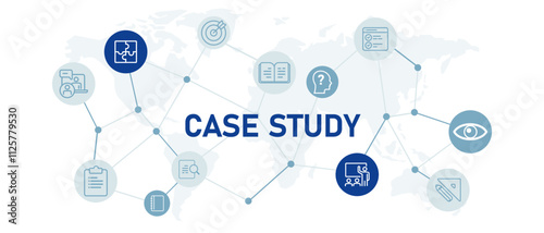 Case study icon set analyze learning studies research report clinical tested journal thesis course test design outline collection