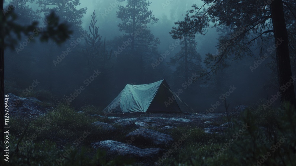 Lone tent in a misty, dark forest at night. Lone tent in a misty, dark forest at night.