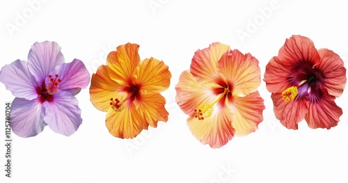 a set of four different colored hibiscus flowers isolated on a white background