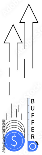 Dollar coins piling up and launching upwards into large arrows with a buffer gauge. Ideal for finance, investment, savings, growth strategy, budgeting, economic stability, success. Line metaphor