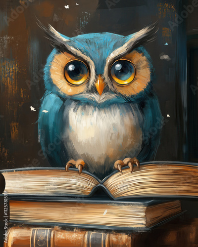 Cartoon owl symbol of wisdom, sitting on book. photo