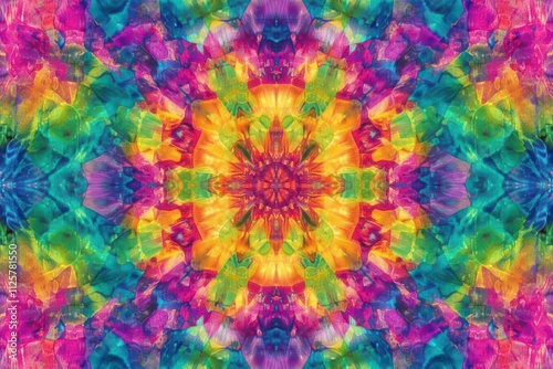 A vibrant kaleidoscopic pattern featuring bright colors and intricate designs.