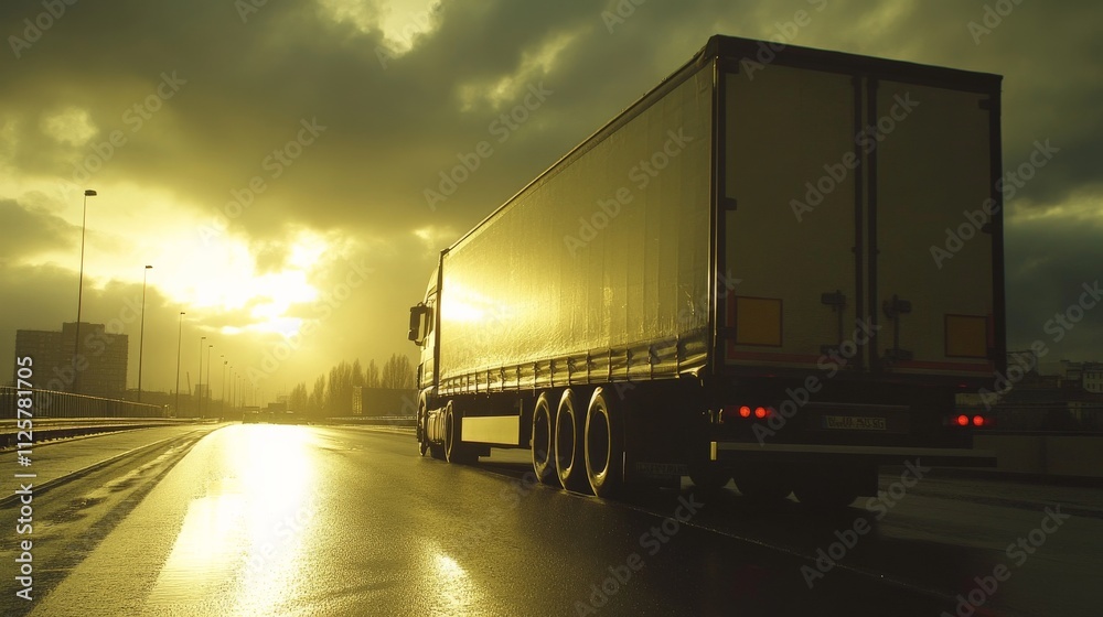 Dramatic Cargo Lorry Driving Through City at Dawn Dramatic Cargo Lorry Driving Through City at Dawn