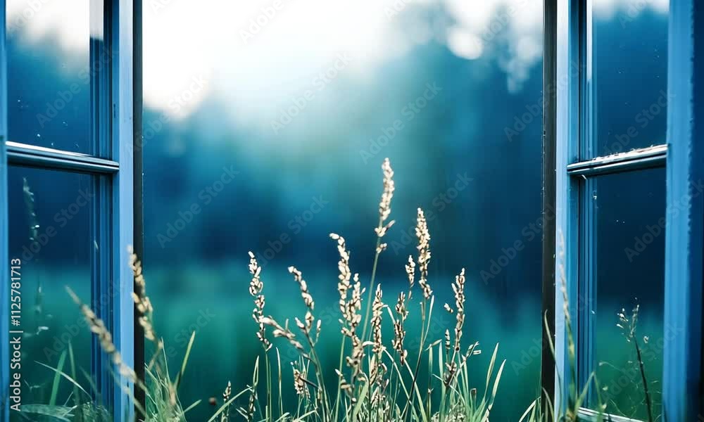 A serene view through open blue windows reveals lush green grass and soft light, inviting a sense of tranquility and connection to nature.