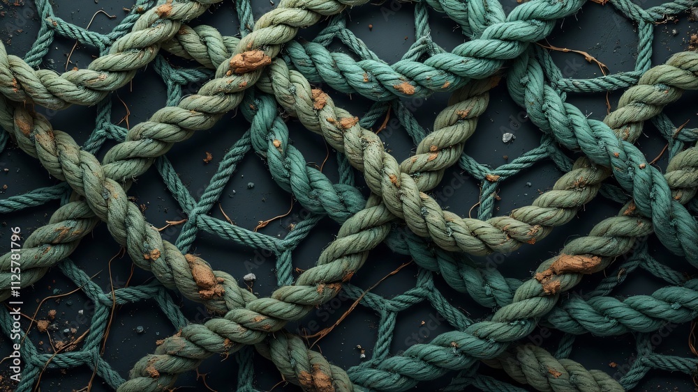 Intricate Fishing Net, Tangled Ropes, Worn Fibers, Muted Greens, Browns, Greys Intricate Fishing Net, Tangled Ropes, Worn Fibers, Muted Greens, Browns, Greys