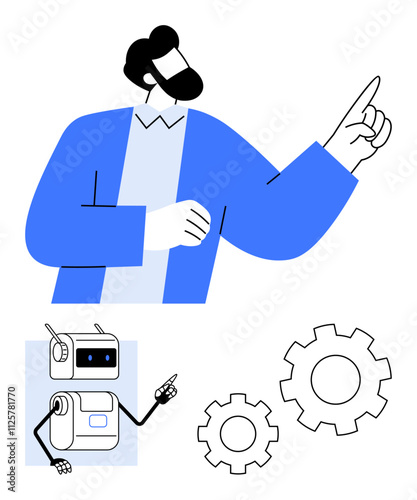 Person with beard and blue jacket pointing upward. Friendly robot gesturing beside two gears. Ideal for technology, automation, innovation, teamwork, cooperation, problem-solving, future. Line