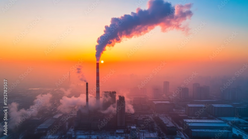 Aerial View of Industrial Factory Emitting Smoke at Sunset Aerial View of Industrial Factory Emitting Smoke at Sunset