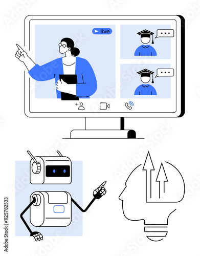 Teacher live-streaming on monitor with students, robot pointing innovatively, and human brain with upward arrows. Ideal for online education, AI technology, virtual classrooms, distance learning photo