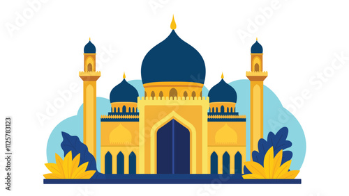 Flat Design Illustration of Golden Luxury Islamic Mosque Heritage Building with Floral Plant