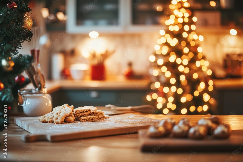 Naklejka premium Cozy Christmas Kitchen with Festive Decor, Delicious Cookies on Wooden Table Surrounded by Warm Holiday Atmosphere and Bright Tree Lights