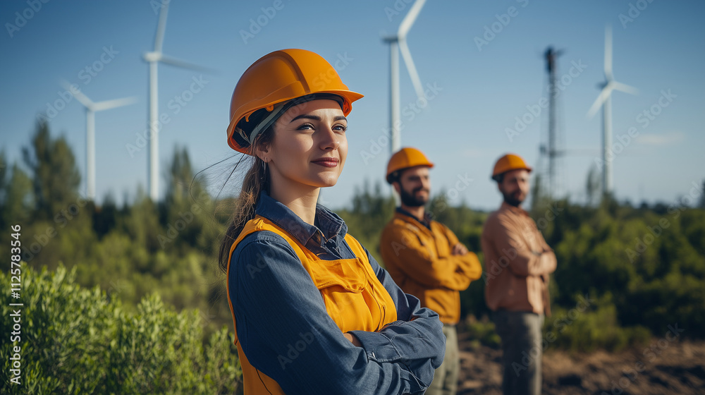 photography, editorial shot of 2 female project managers and 1 male middle-eastern looking mechanic wearing a building site helmet, shot slightly from below, facing the camera, arms crossed, looking i photography, editorial shot of 2 female project managers and 1 male middle-eastern looking mechanic wearing a building site helmet, shot slightly from below, facing the camera, arms crossed, looking i