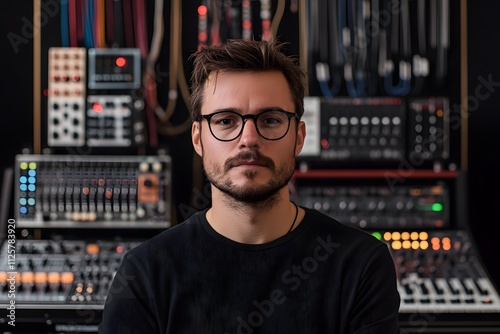 A photo of a man in front of an electronic music studio with lots of modular instruments. He is wearing glasses and black , and has short hair and a stubble beard