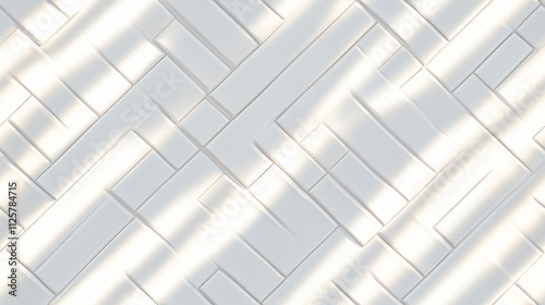 A white herringbone tile wall illuminated by sunlight casting intricate shadows.