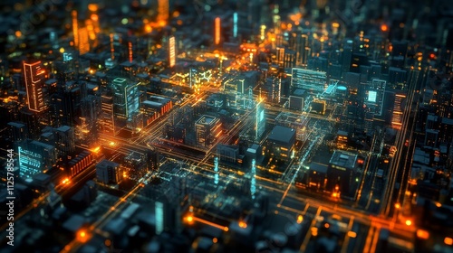 The top-down view shows the digital traffic flow management system of a large city, showcasing roads, vehicles, and intersections, highlighting smart city infrastructure and advanced traffic control.