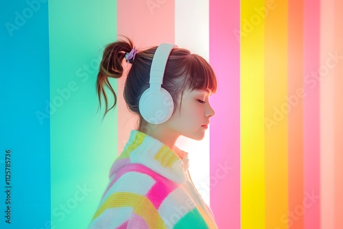 Photo of a girl wearing headphones listening to music, with pastel rainbow colors, hyper-realistic portraits, colorful animation stills, cute and dreamy, happycore photo